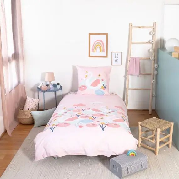 Parure de couette cygnes enchantés coton rose 200 x 140