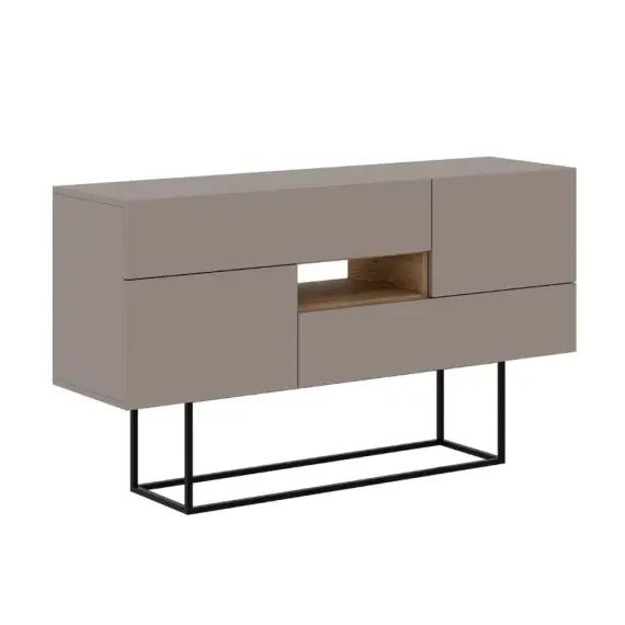 Buffet 2 portes, 2 tiroirs, 1 niche couleur moka et pieds en métal