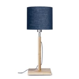 Lampe de table en bambou abat-jour en lin bleu denim, h. 59cm