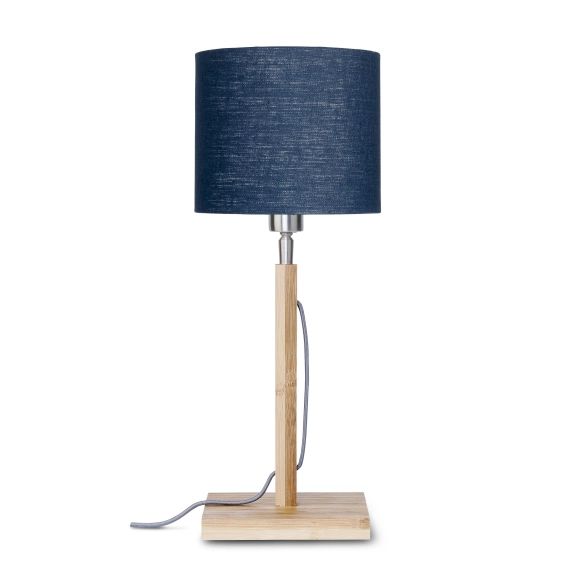 Lampe de table en bambou abat-jour en lin bleu denim, h. 59cm