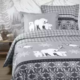 Parure de lit ours à la montagne coton gris 220 x 240