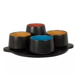 Coupelles apéritives en grès multicolore (x4) plateau en bois d’hévéa noir