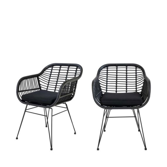 Trieste – Lot de 2 fauteuils indoor/outdoor aspect rotin et métal avec coussin – Couleur – Noir