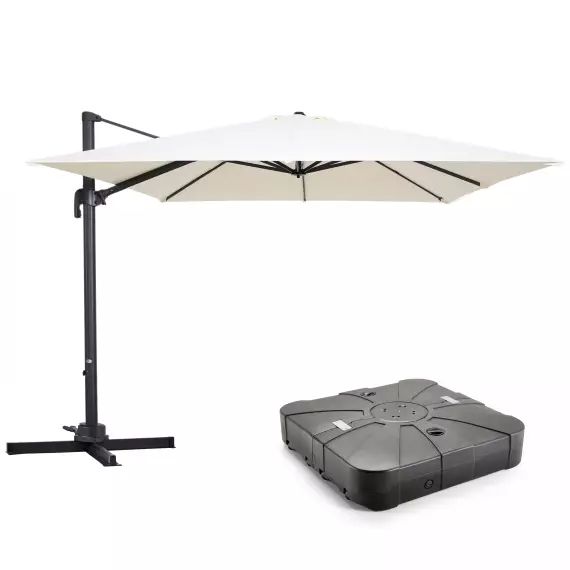 Parasol déporté 3x3m et dalle à lester sur roues aluminium blanc