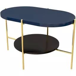 Table basse bois bleu marin, base noire et or 80x50x50cm