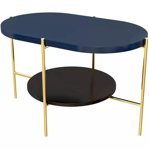 Table basse bois bleu marin, base noire et or 80x50x50cm