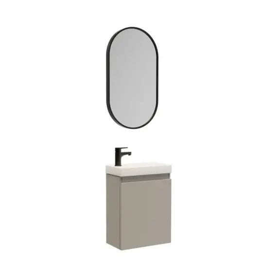 Meuble lave-mains gris sable + robinet noir + miroir ovale