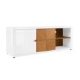image de meubles tv scandinave Meuble tv 1 porte 2 tiroirs 152 cm blanc laqué et naturel