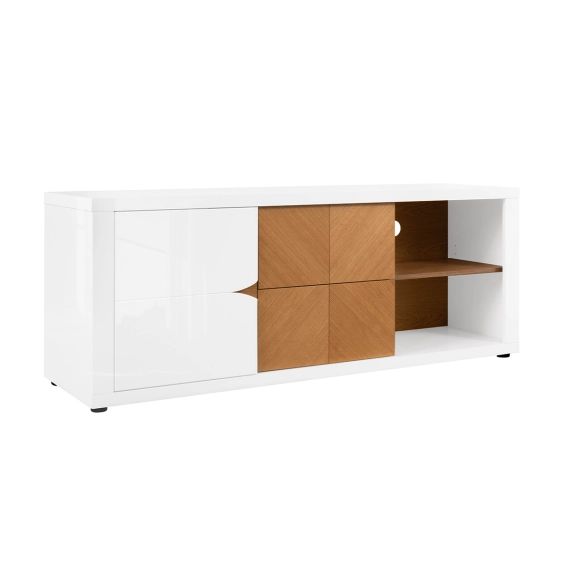 Meuble tv 1 porte 2 tiroirs 152 cm blanc laqué et naturel