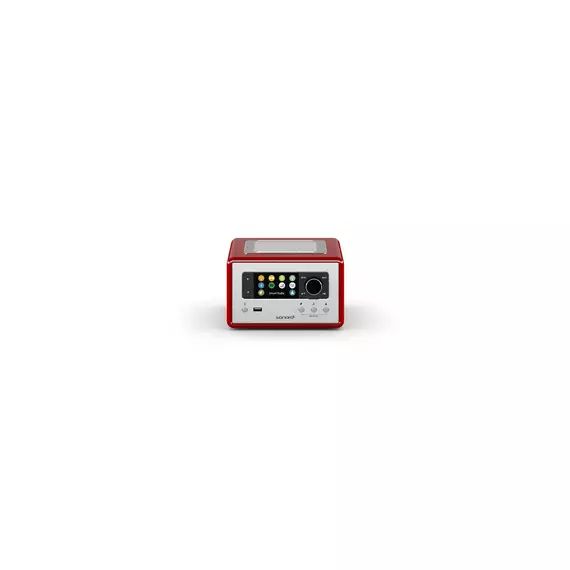 Chaine HiFi Sonoro relax rouge Systeme compact avec haut-parleur dirige vers le haut pour un son a 360. Radio FM, DAB+, radio Internet, Bluetooth, Spotify, Deezer, Amazon Music & contenus de relaxation. Reveil double. Boîtier en bois laque. Livre avec telecommande.