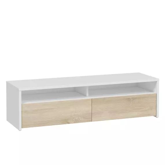 Meuble tv 2 portes, blanc et chêne, 130 cm longueur