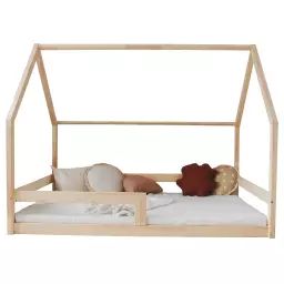 Lit cabane 140×200 barrière et sommier inclus pieds 1 cm naturel