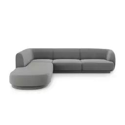 Canapé d’angle gauche 6 places en tissu velours gris clair