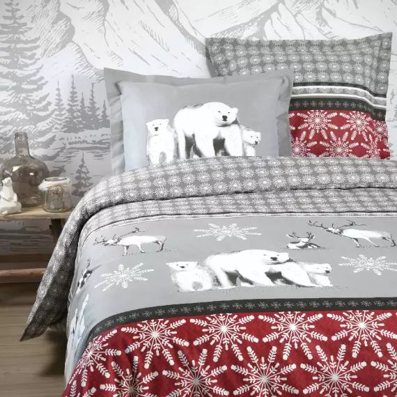 Parure de lit ours à la montagne coton rouge 220 x 240
