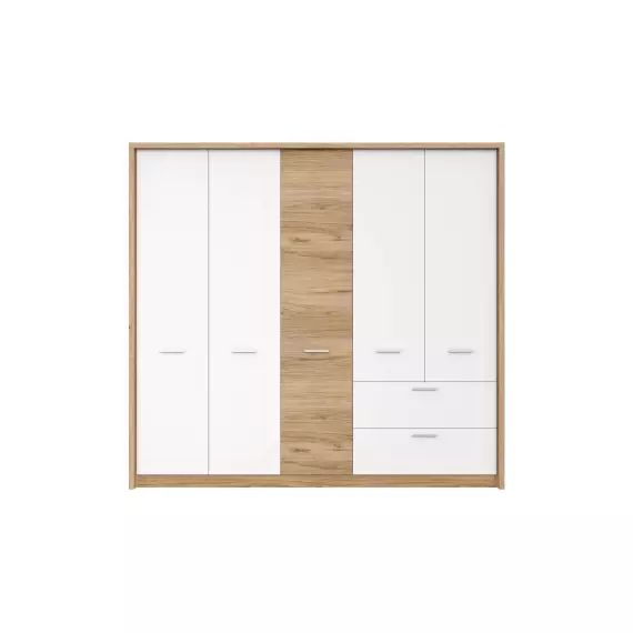 Armoire 5 portes 2 tiroirs FREETOWN coloris chêne catania/ blanc