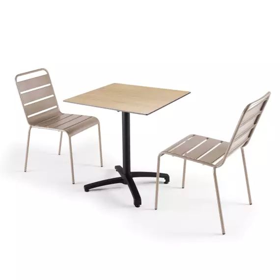 Ensemble table de jardin stratifié chene naturel et 2 chaises taupe