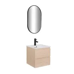 Meuble simple vasque 45cm décor chêne + vasque + robinet noir +miroir