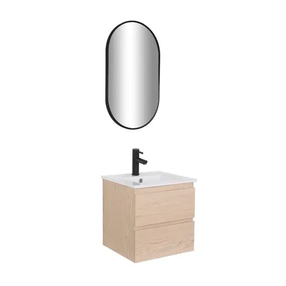 Meuble simple vasque 45cm décor chêne  + vasque + robinet noir +miroir
