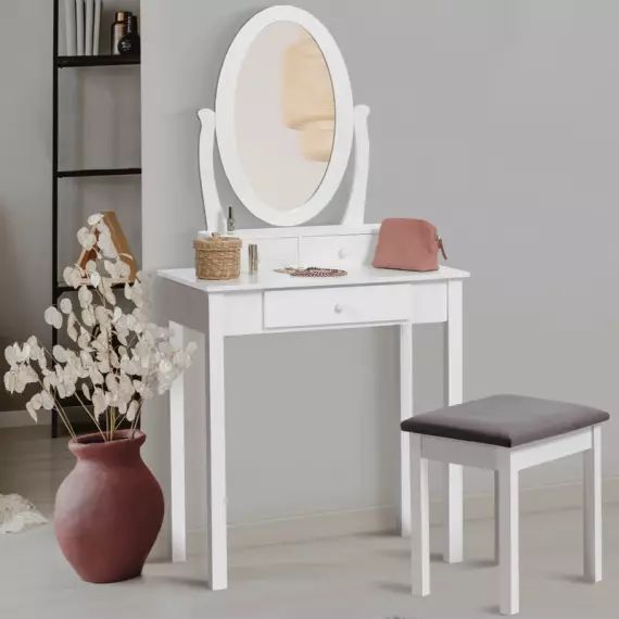 Coiffeuse blanche avec miroir et tabouret