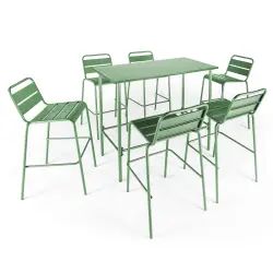 Ensemble table haute de jardin et 6 chaises en métal vert cactus