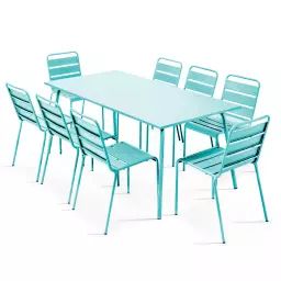 Ensemble table de jardin et 8 chaises en métal turquoise