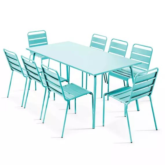 Ensemble table de jardin et 8 chaises en métal turquoise