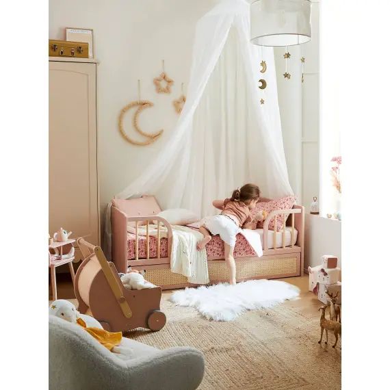 Lit bébé évolutif cannage avec tiroir de rangement LIGNE POESIE rose nude