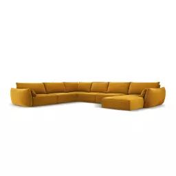 Canapé d’angle gauche panoramique 8 places en tissu velours jaune