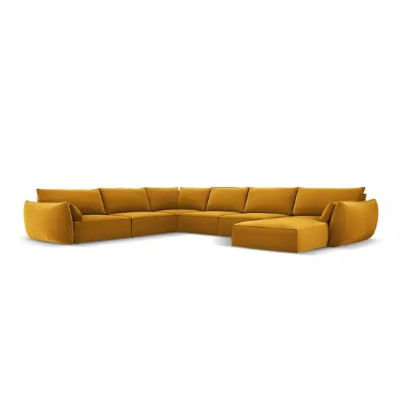 Canapé d’angle gauche panoramique 8 places en tissu velours jaune