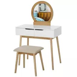Coiffeuse design scandinave miroir 2 tiroirs tabouret blanc pin clair