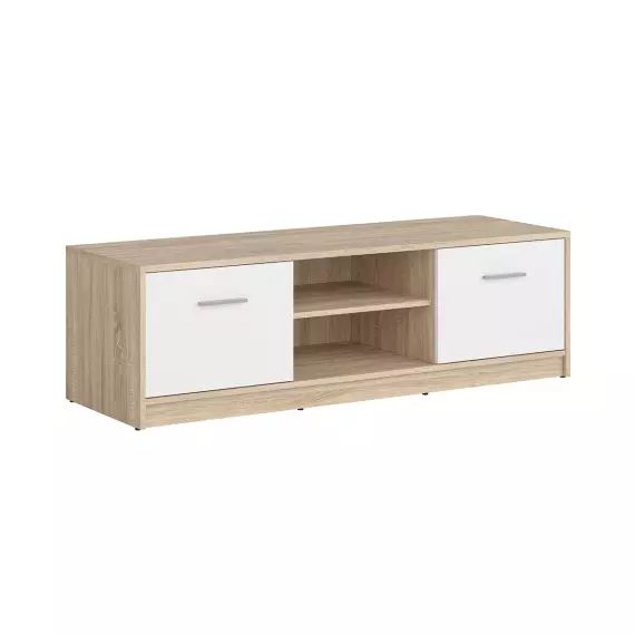 Meuble TV 2 portes 138 cm stratifiés naturel et blanc