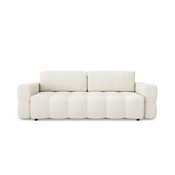 Canapé 4 places convertible coffre noyer tissu bouclette crème