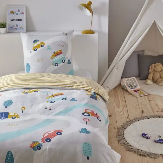 Parure de lit enfant coton  imprimé gris et curry 140x200cm