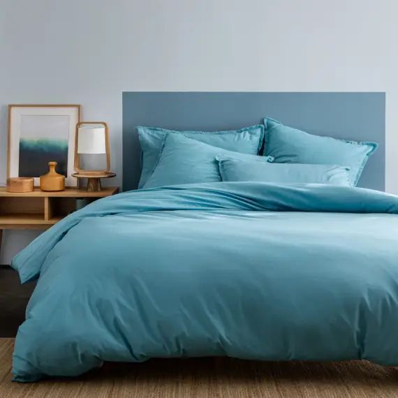 Parure de lit unie en coton lavé Bleu Glacier 260×240+2x65x65cm