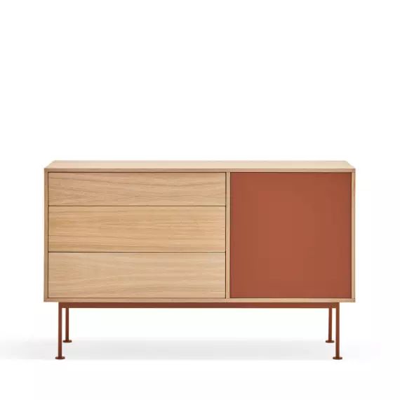 Yoko – Buffet 1 porte 3 tiroirs en bois L128cm – Couleur – Rouge brique