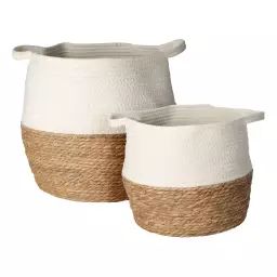 Lot de 2 paniers suspendus en paille et coton blanc et marron