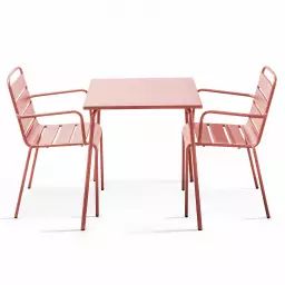 Ensemble table de jardin carrée et 2 fauteuils acier argile