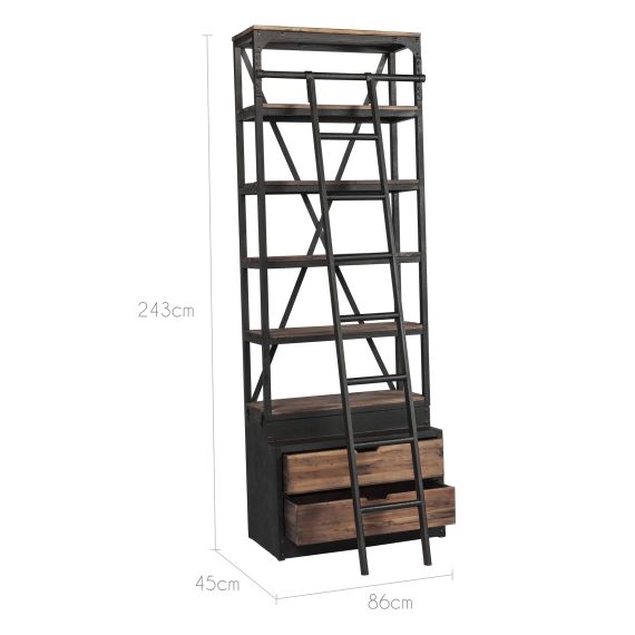 Bibliothèque 86 cm en bois et métal avec échelle, 2 tiroirs