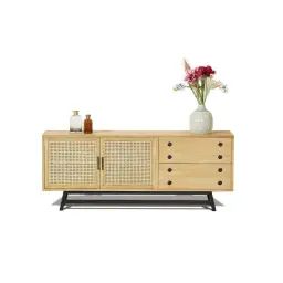 Buffet bas en chêne cannage et métal noir mat L 170 cm