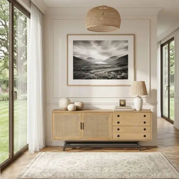 Buffet bas en chêne cannage et métal noir mat L 170 cm