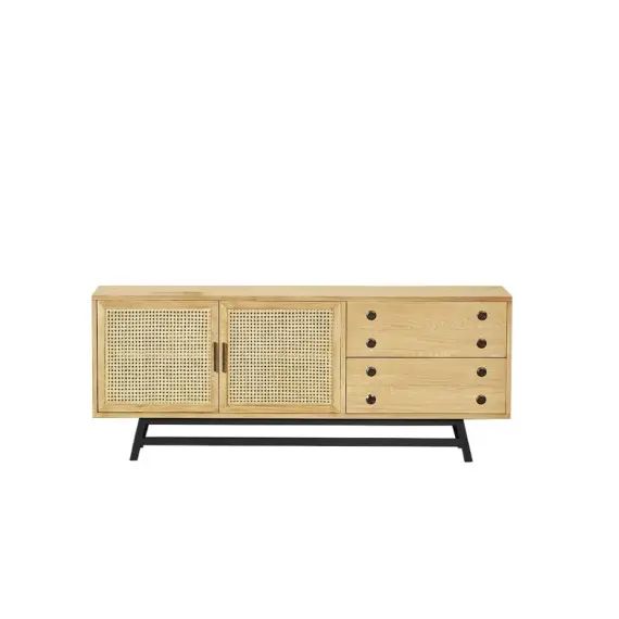 Buffet bas en chêne cannage et métal noir mat L 170 cm