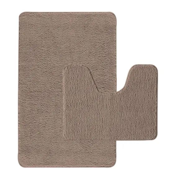 Lot de 2 tapis de bain polyester  50x80cm +  contour taupe