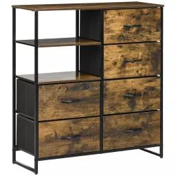 Buffet industriel 6 tiroirs 2 niches plateau acier noir aspect bois