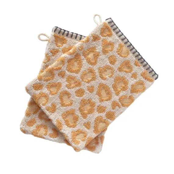 Lot de 2 gants de toilette motif léopard beige 15×22 en coton