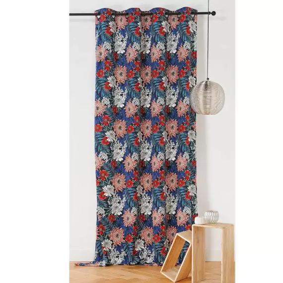 Voilage tamisant imprimé et fleuri polyester bleu/rose 280 x 140