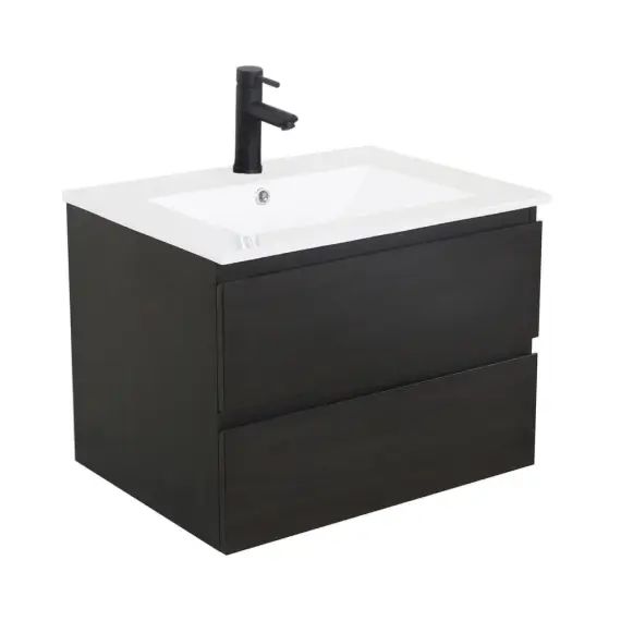 Meuble simple vasque 60cm  décor chêne carbone + vasque + robinet noir