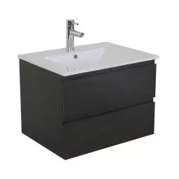 Meuble simple vasque 60cm  décor chêne carbone + vasque + robinet noir