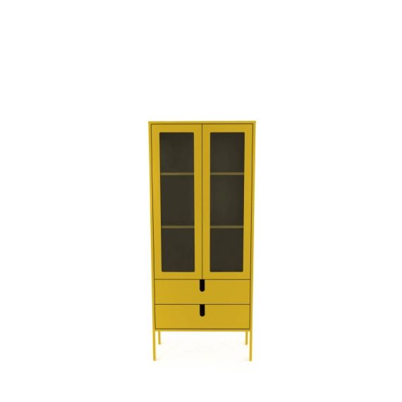 Vitrine en bois 2 portes 2 tiroirs H178cm jaune moutarde