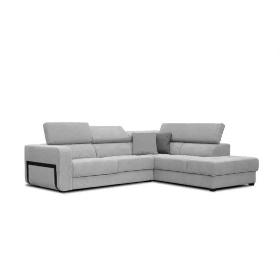 Canapé d’angle droit 5 places en tissu gris clair avec coussins déco