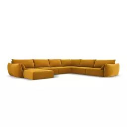 Canapé d’angle droit panoramique 8 places en tissu velours jaune